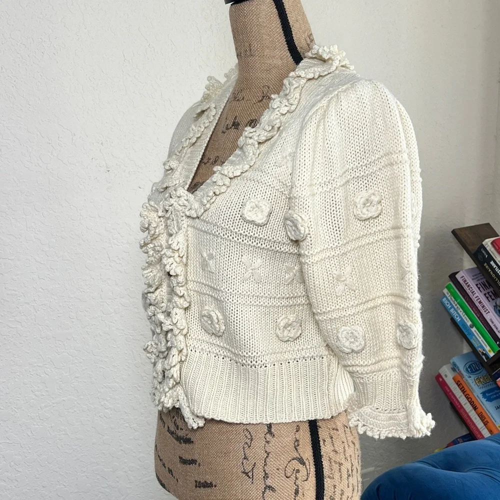 Zara Cream Textured Ruffle-Trim Button Cardigan - Picture 3 of 10